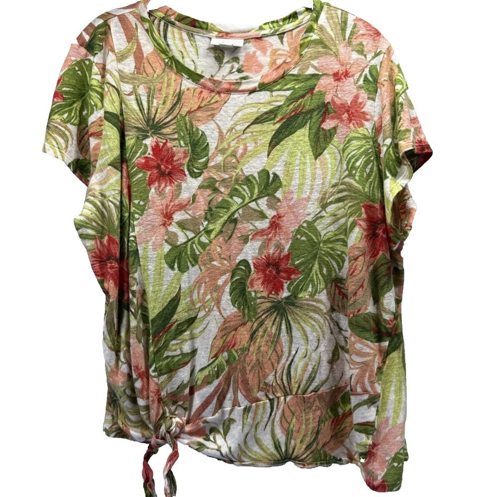 J Jill Love‎ Linen Women's Top Size Large 100% Linen Tropical Floral Beach Ties